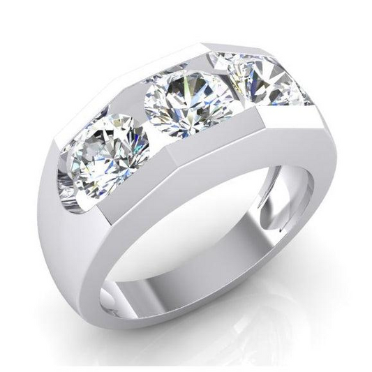 Drei Stein Herren Ring Labor Gezüchtete Rund Diamanten 14K Gold
