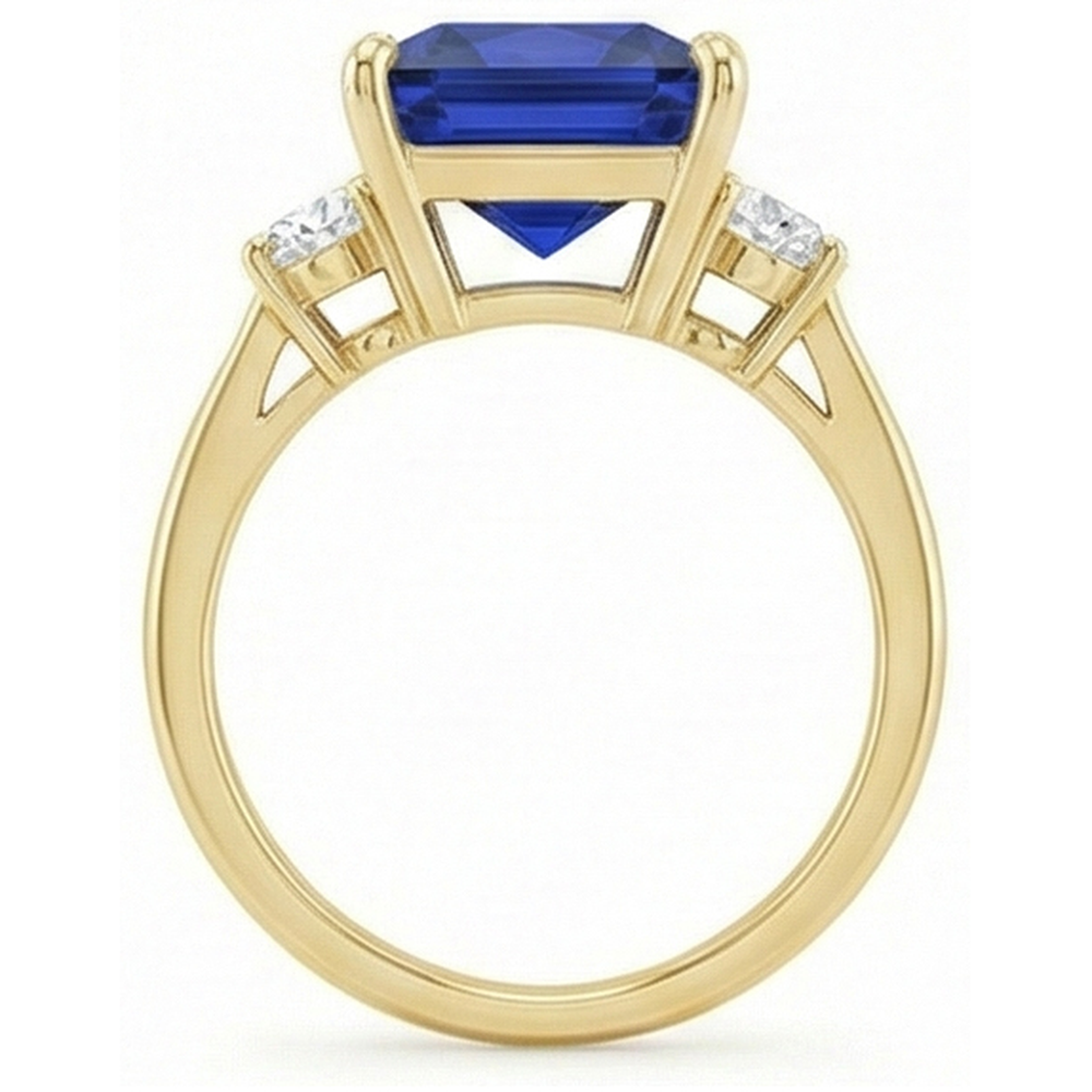 Gelbgold 3 Steine Ring Prinzessin Blauer Saphir & Diamanten 5,25 Karat