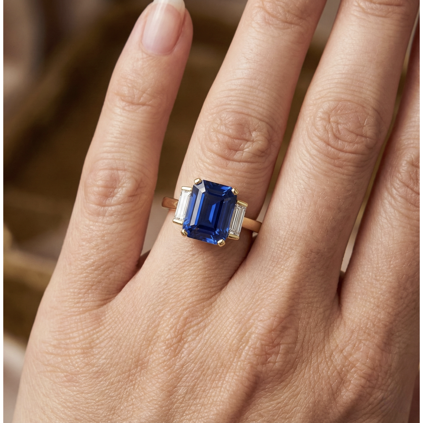 Gelbgold Smaragd Edelstein Ring Baguette Natürlicher Diamant ( nicht im Labor gezüchtet )en 5 Karat 3 Stein