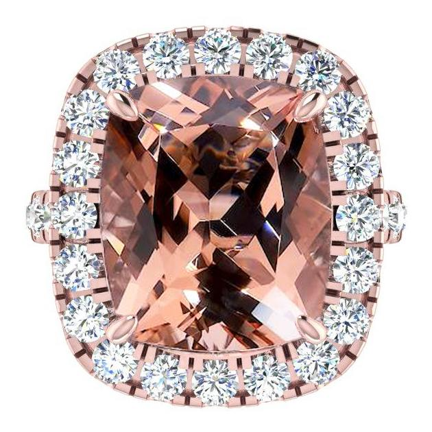 Großer Kissen Morganit 12,50 Karat Mit Diamanten Ring Rosé Gold 14K