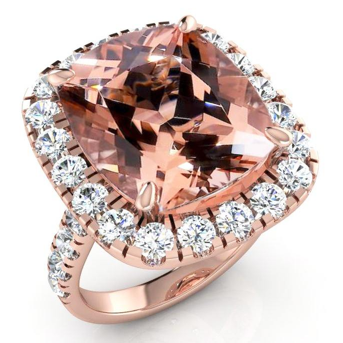 Großer Kissen Morganit 12,50 Karat Mit Diamanten Ring Rosé Gold 14K