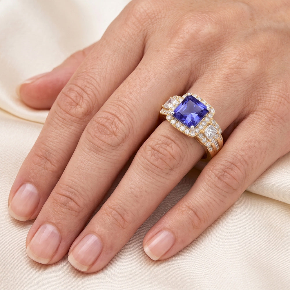 Halo Edelstein Ring Strahlender Saphir 5 Karat 14K Gold Natürlicher Diamant ( nicht im Labor gezüchtet )en
