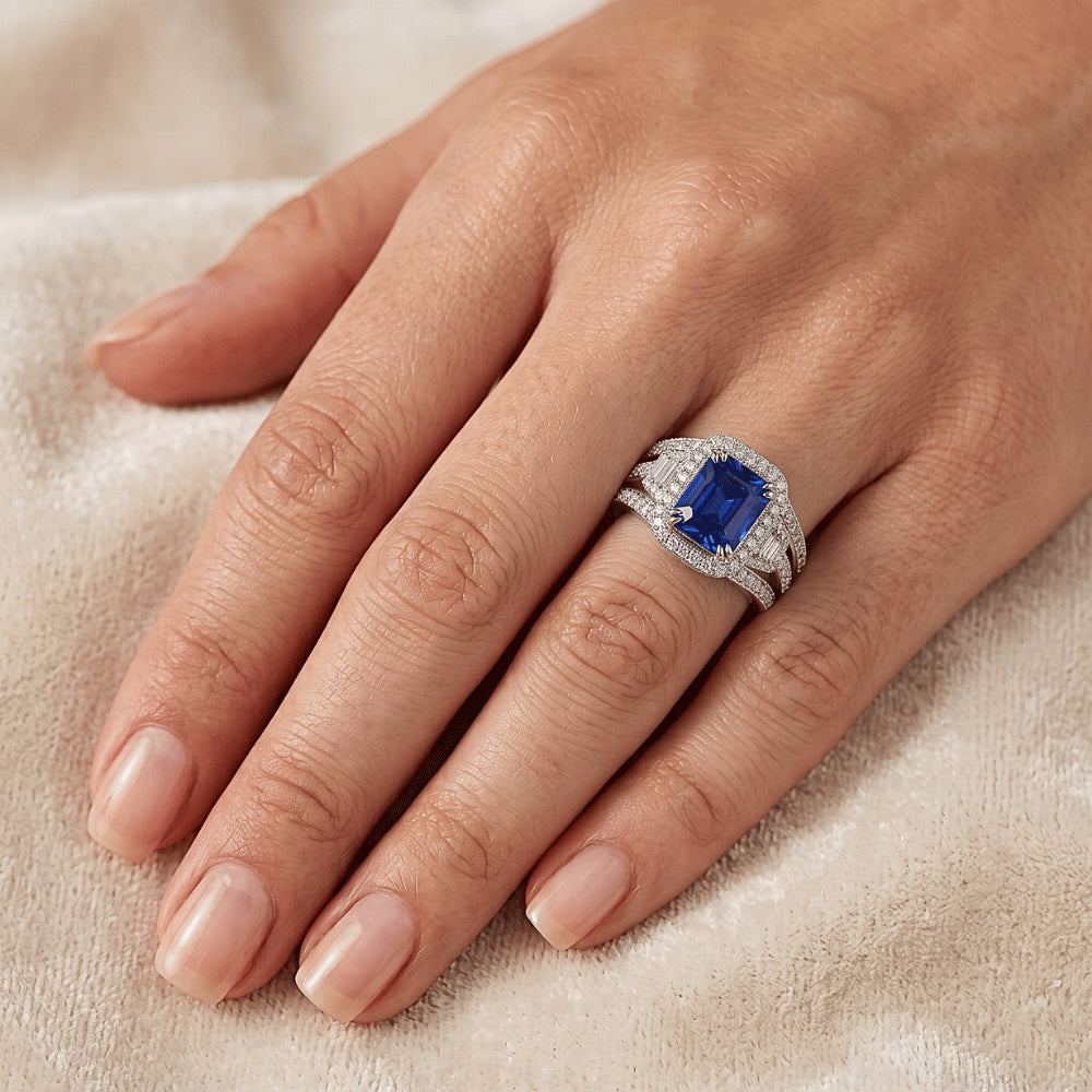 Halo Radiant Sapphire Diamant Verlobungsring mit Jacke 4,50 Karat