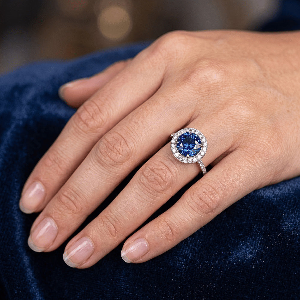 Halo Runden Ceylon Saphir Diamant Ring Weiß Gold 14K