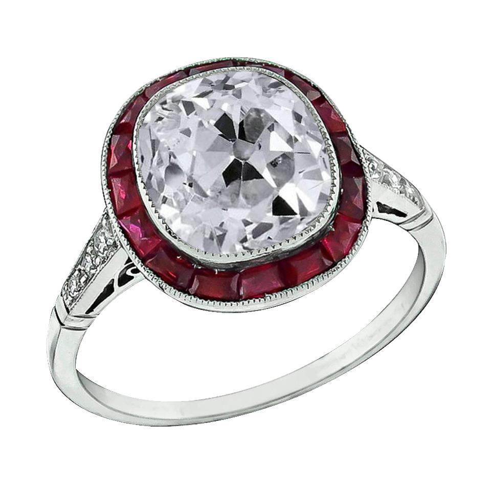 Halo Ring Old Cut Kissen Natürliche Diamant & Rubin Lünette Set 7,75 Karat