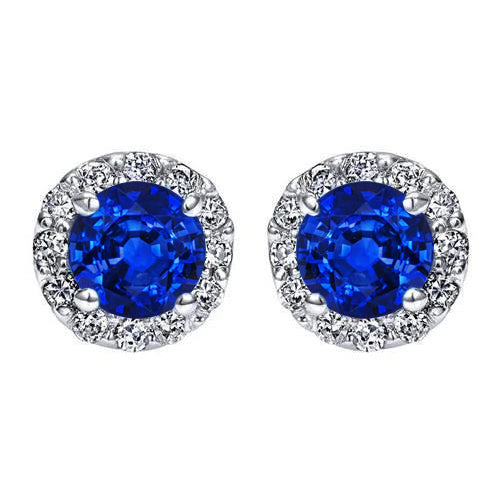 Halo Saphir und Diamant Ohrstecker im Rund Schliff Weiß Gold 14K