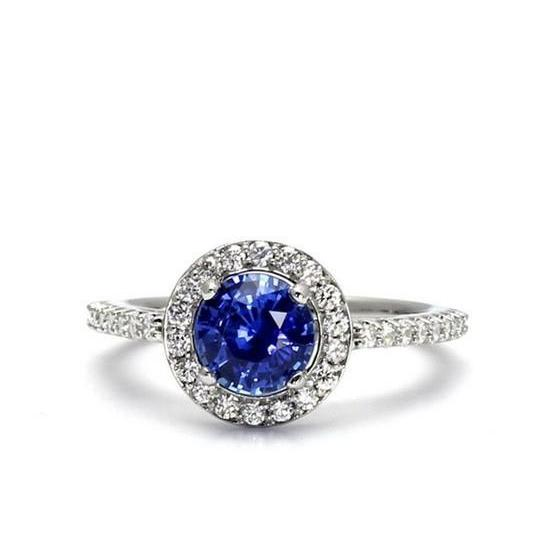 Halo Runden Ceylon Saphir Diamant Ring Weißgold 14K