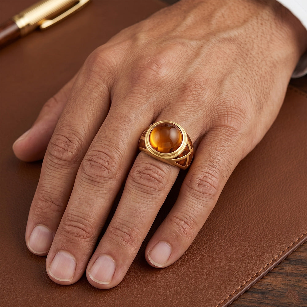 Herren Kunstvoller Citrin Schmuckstein-Ring 10 Karat – 14 Karat