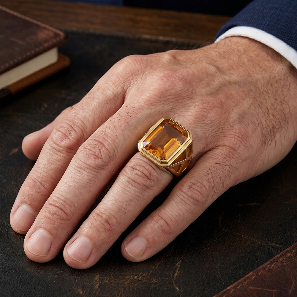 Herren Smaragd-Schliff Goldener Citrin Schmuckstein-Ring in 14K