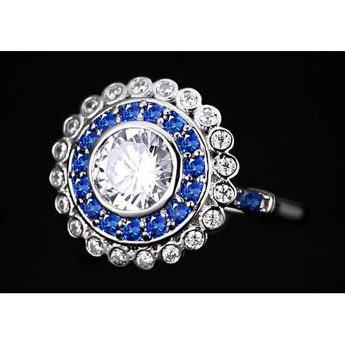 Jubiläumsring Runder Natürliche Diamant & Blauer Saphir Baguettes 4 Karat