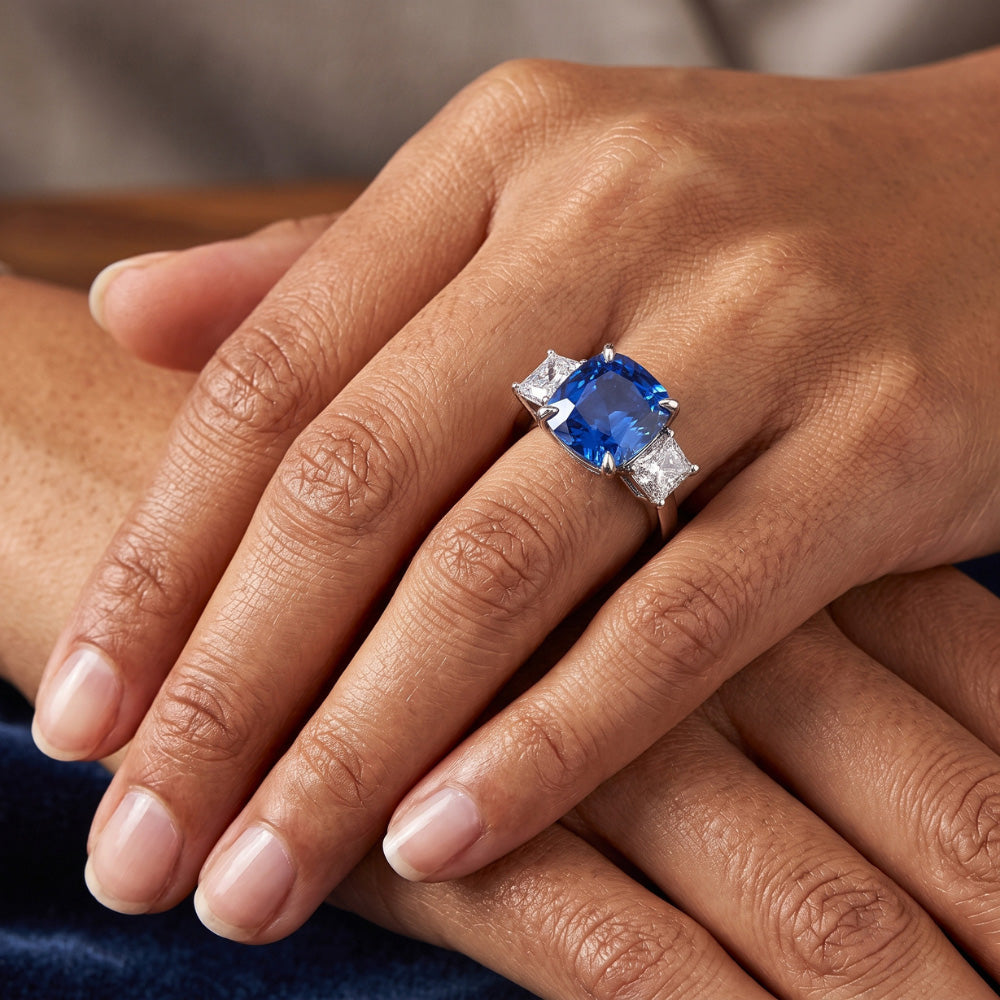 Kissen Saphir 3 Stein Natürlicher Diamant ( nicht im Labor gezüchtet ) Ring Zinke Goldschmuck 4 Karat