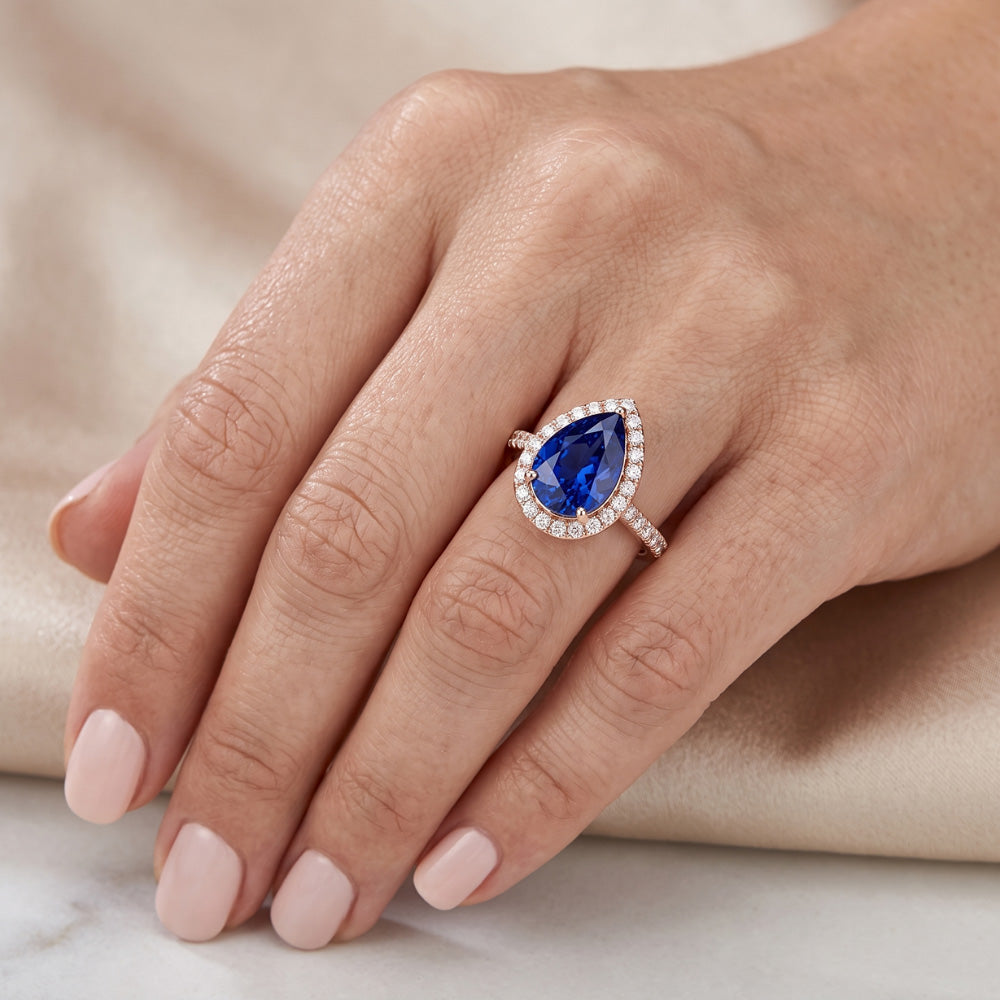 Natürlicher Diamant ( nicht im Labor gezüchtet )-Hochzeitshalo-Ring Birnenförmiger srilankischer Saphir 4 Karat