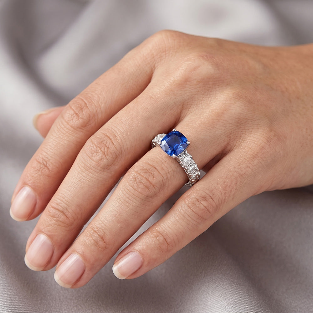 Natürlicher Diamant ( nicht im Labor gezüchtet ) Kissen Blauer Saphir Ring 3 Karat Weißgold 14K Schmuck