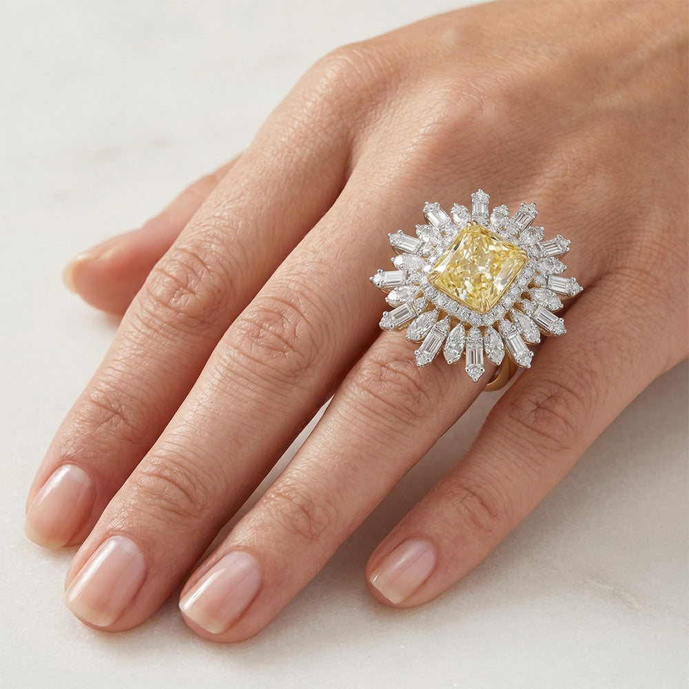 Natürlicher Radiant Gelber Kanarienvogel-Diamant Halo-Ring 4