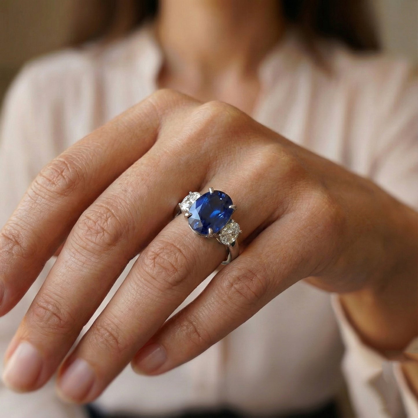 Oval Natürlicher Diamant ( nicht im Labor gezüchtet ) 3 Steine Ring Weißgold Ceylon Saphir Edelstein 5 Karat