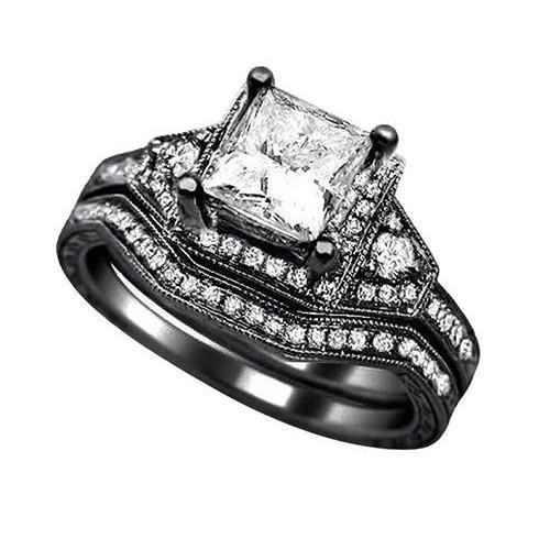 Prinzessin Natürliche DiamantVerlobungsring & Band Set 2,50 Karat Schwarzgold 14K