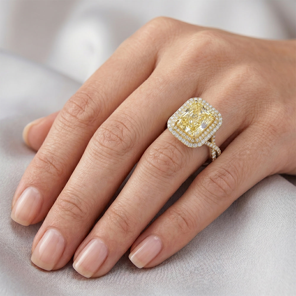 Radiant Halo-Fassung Ring – Fancy Gelber Diamant 4,75 Karat