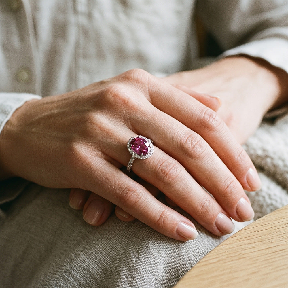 Ring mit rosa Saphir und Diamanten 3,90 Karat Weißgold 14K