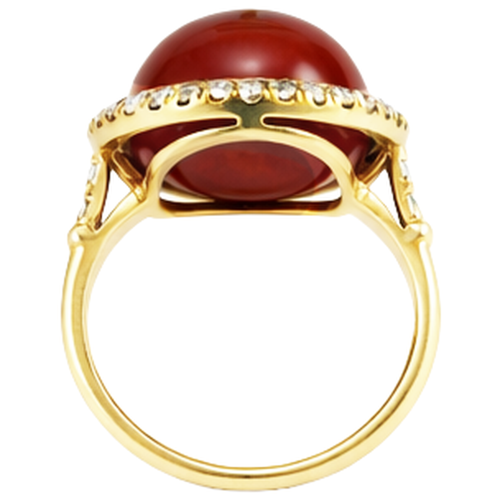 Roter Koralle im Ovalschliff und runde Diamanten 14 Karat Ring Gelbgold 14 K