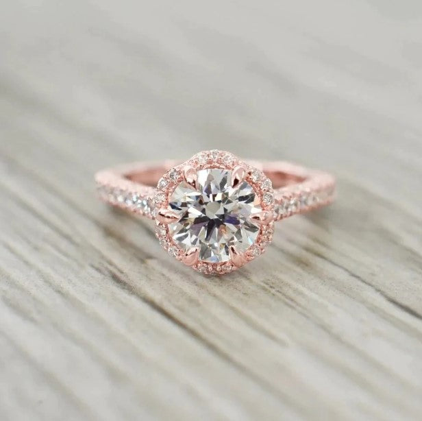 Runde Eagle Claw Zinken Halo-Echt Diamant-Ring Edlen Schmuck 14 Karat Roségold