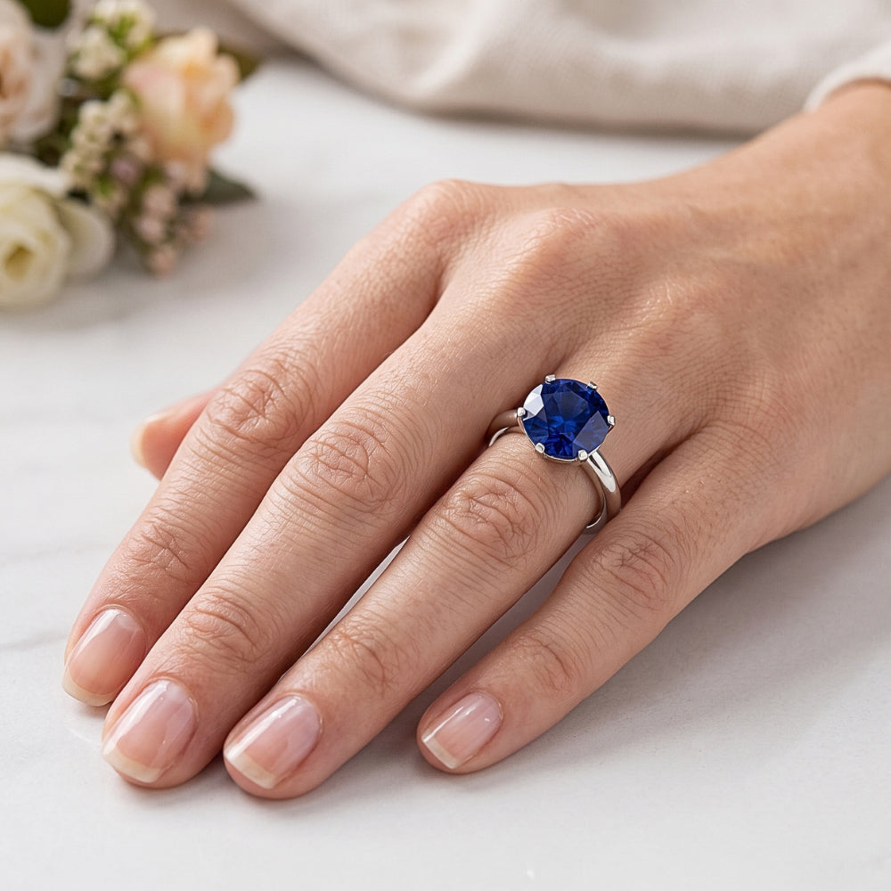 Runder Solitär Saphir Herrenring 3 Karat Weißgold Schmuck