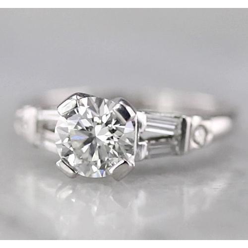 Runder Echt Diamantring 1,75 Karat Mit Baguettes Weißgold 14K