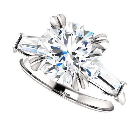 Runder Ring Mit Baguette-Echt Diamant 3 Steine Weißgold 2,30 Karat