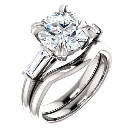 Runder Ring Mit Baguette-Echt Diamant 3 Steine Weißgold 2,30 Karat