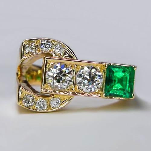 Runder Alter Miner Echt Diamantring Mit Smaragd 2.75 Karat