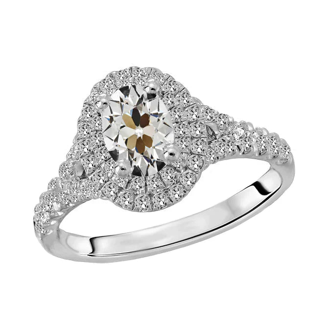 Runder & Ovaler Halo-Echt Diamant Ring Mit Altem Minenschliff, 5 Karat Weißgold
