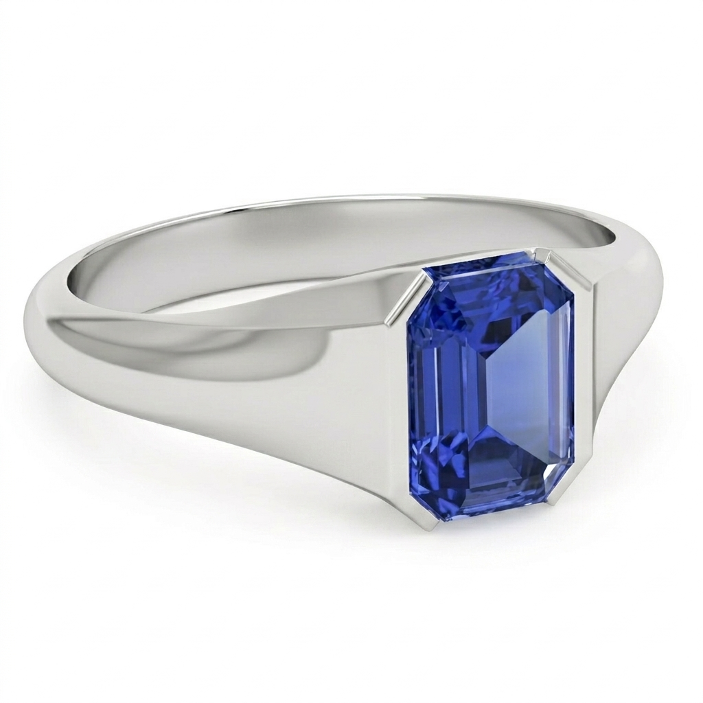 Smaragdschliff Solitär Blauer Saphir Herrenring Weißgold 7 Karat Neu