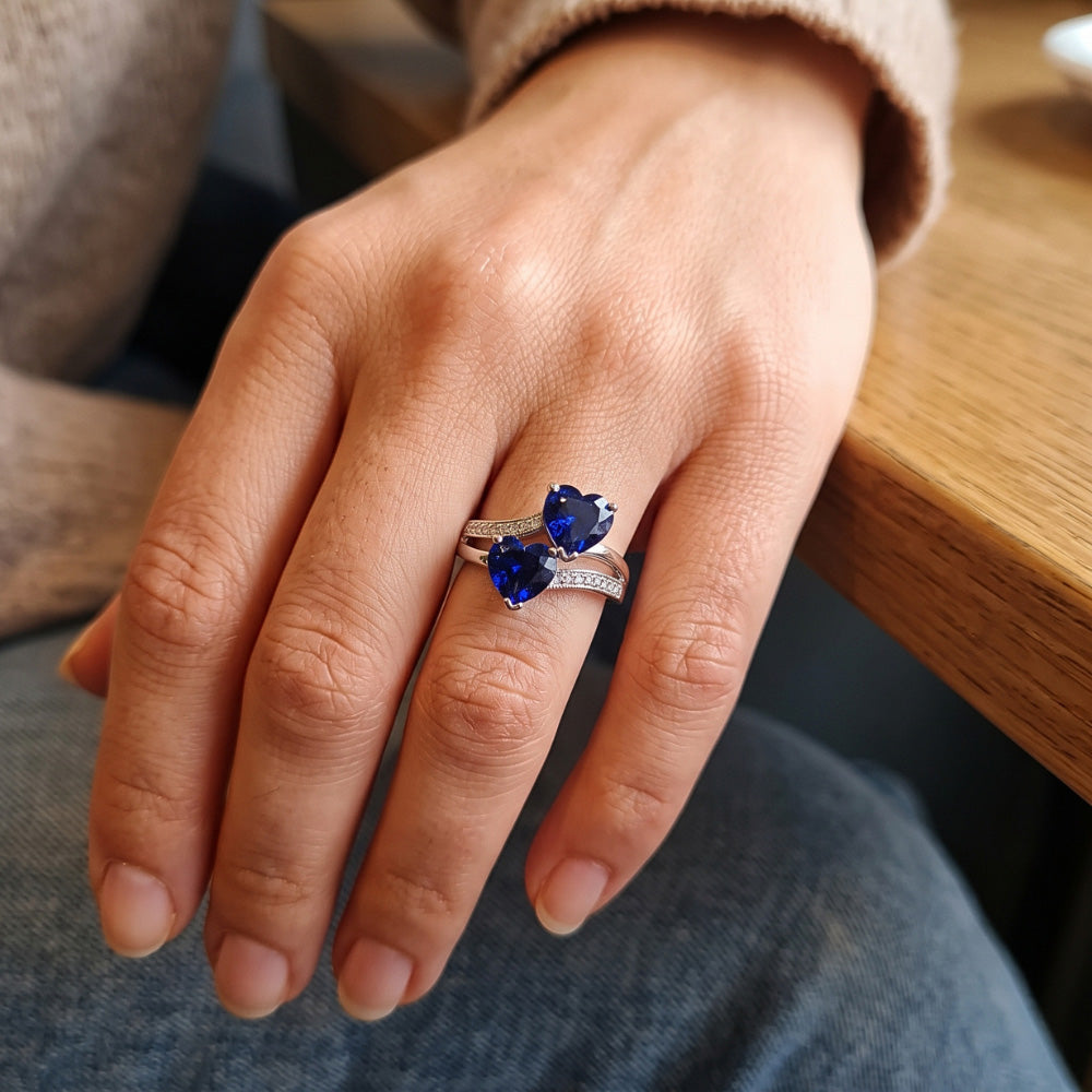 Toi et Moi Herz Edelstein Ceylon Saphir Natürlicher Diamant ( nicht im Labor gezüchtet ) Ring 3,50 Karat