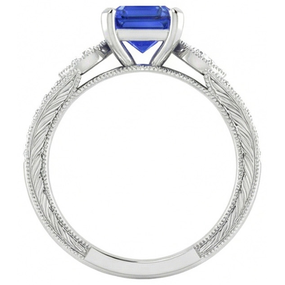 Vintage-Stil Edelsteinring Asscher Blauer Saphir mit Akzenten 3 Karat
