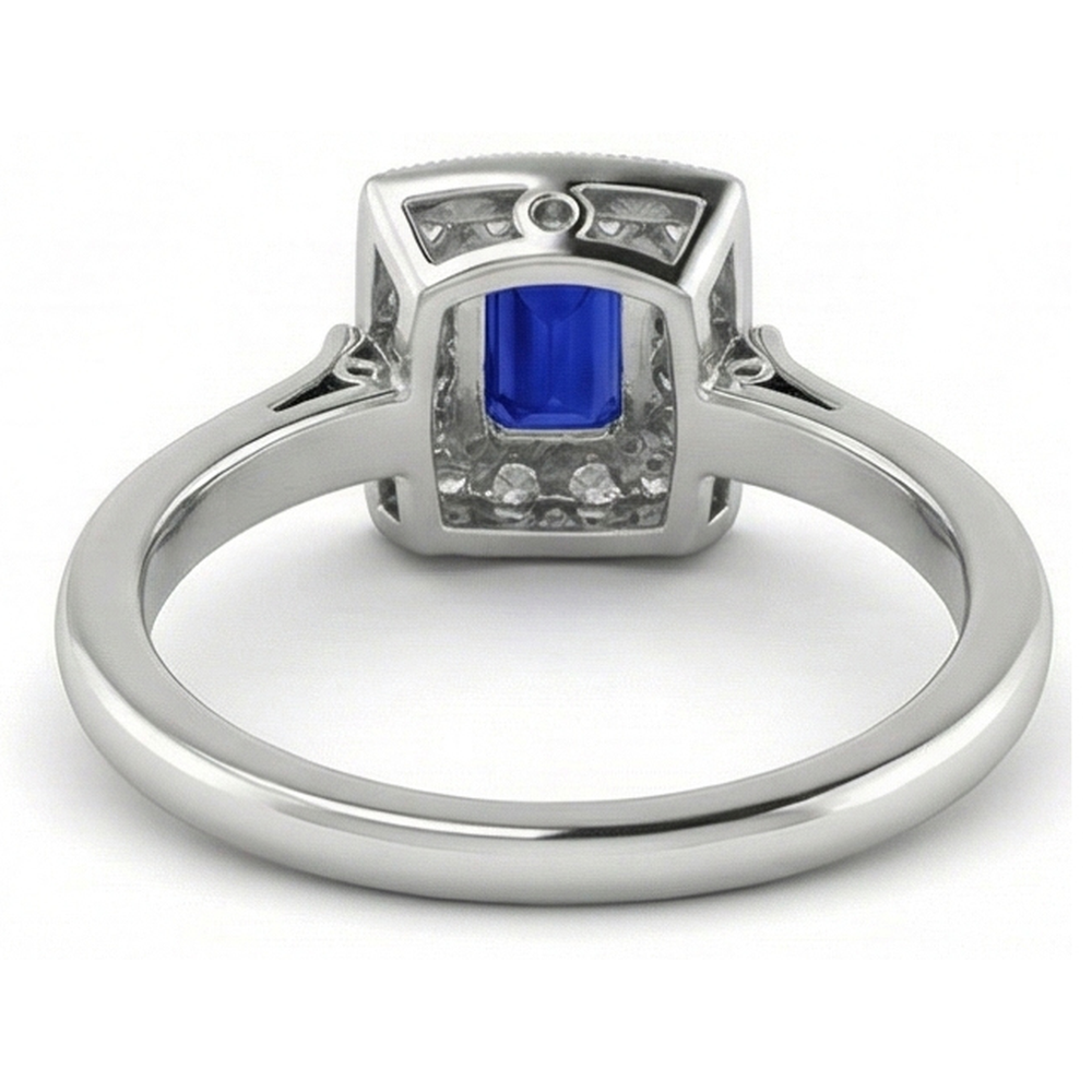 Vintage Stil Halo Ring Smaragdförmiger Saphir 2 Karat Gold Milgrain