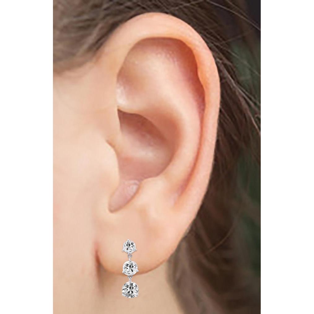 Weißgold 3-Steine-Echte Diamant-Tropfen-Ohrringe Runder Alter Minenschliff 6 Karat