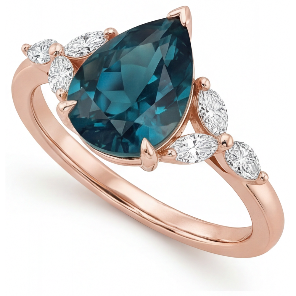 Alexandrit Tropfen-Schliff Dreisteinring in 14K Roségold – Schrägansicht