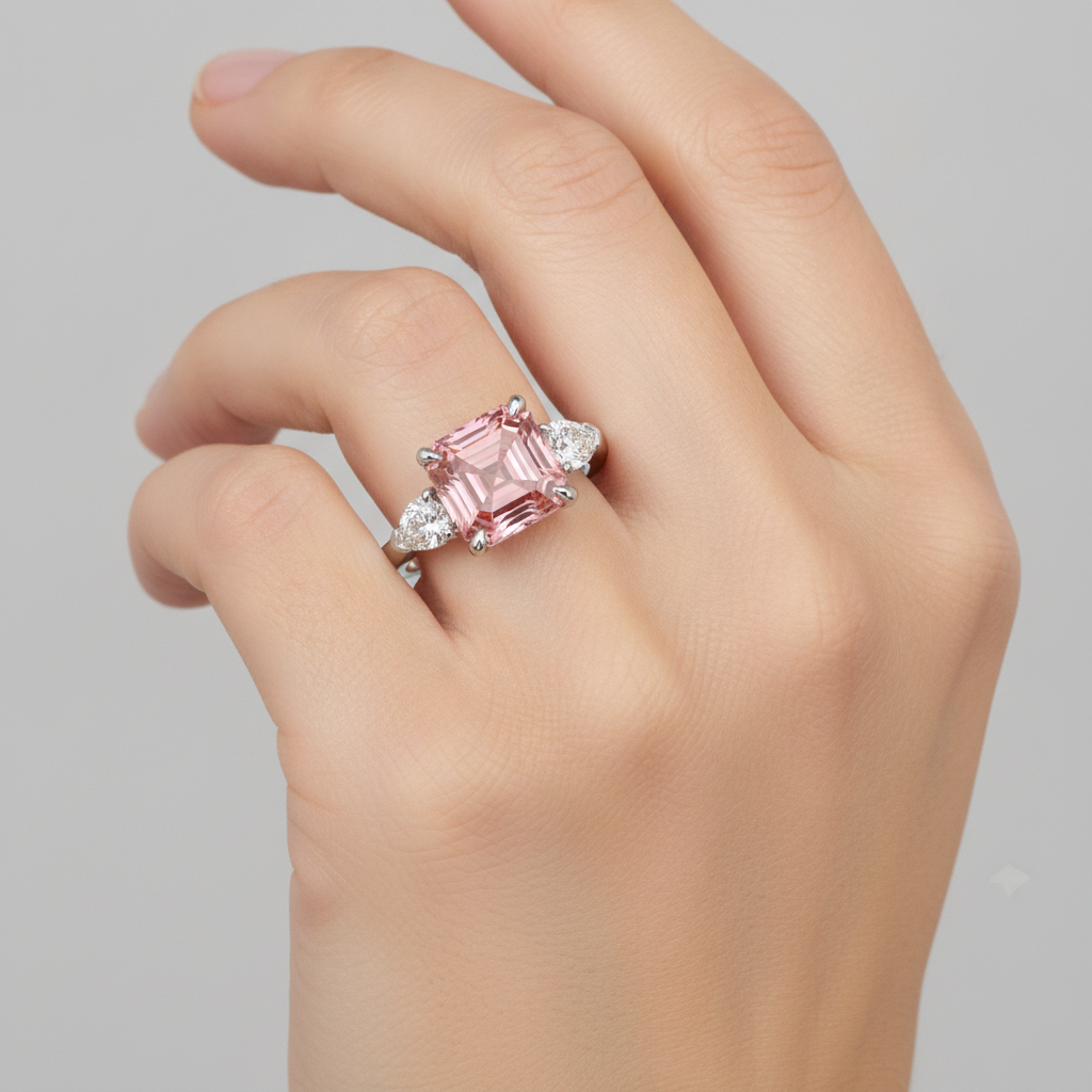 Padparadscha-Saphir-Ring 3,6 Karat, echter Asscher-Schliff und weisse Trillanten, Dreistein-Ring aus Platin