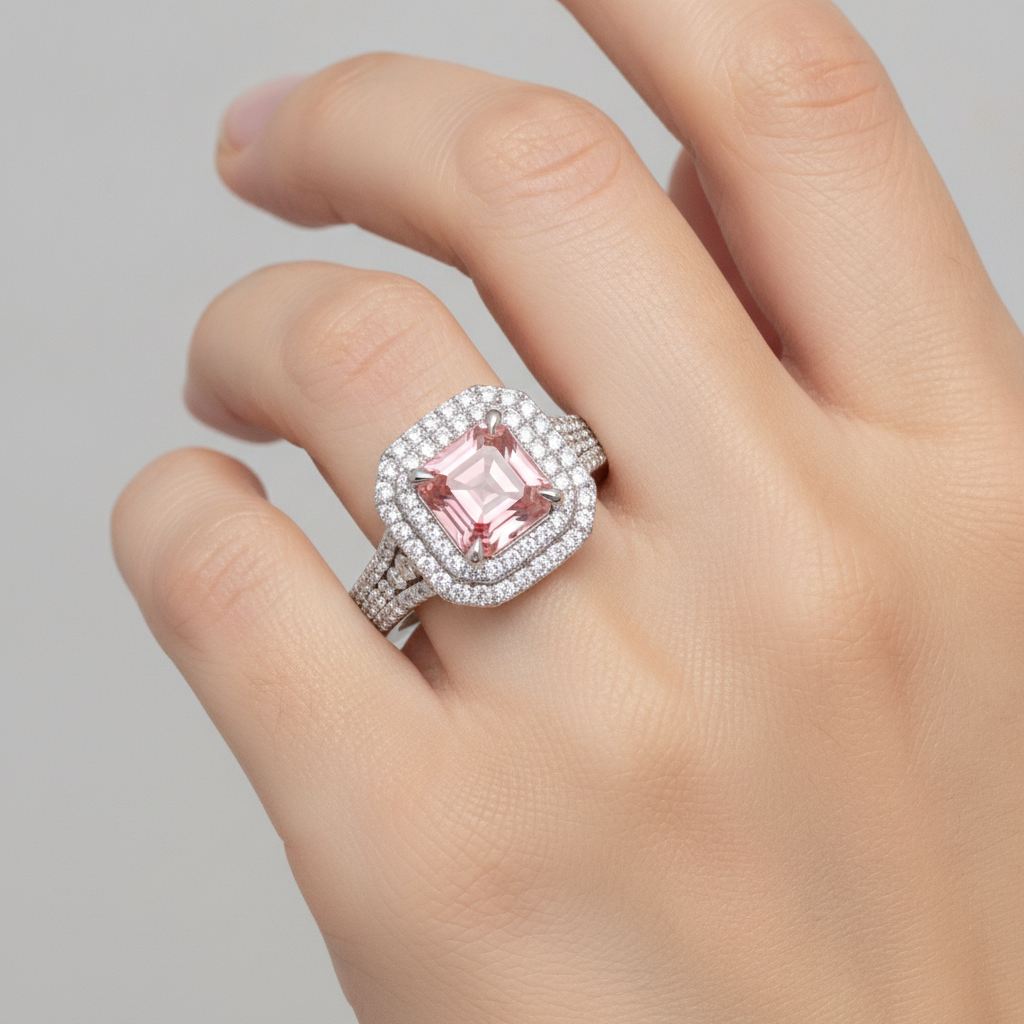 Pfirsichfarbener Padparadscha-Saphir, 4,5 Karat, im Labor gezüchtet, Asscher-Schliff, Doppel-Halo-Ring, 14 Karat Weißgold