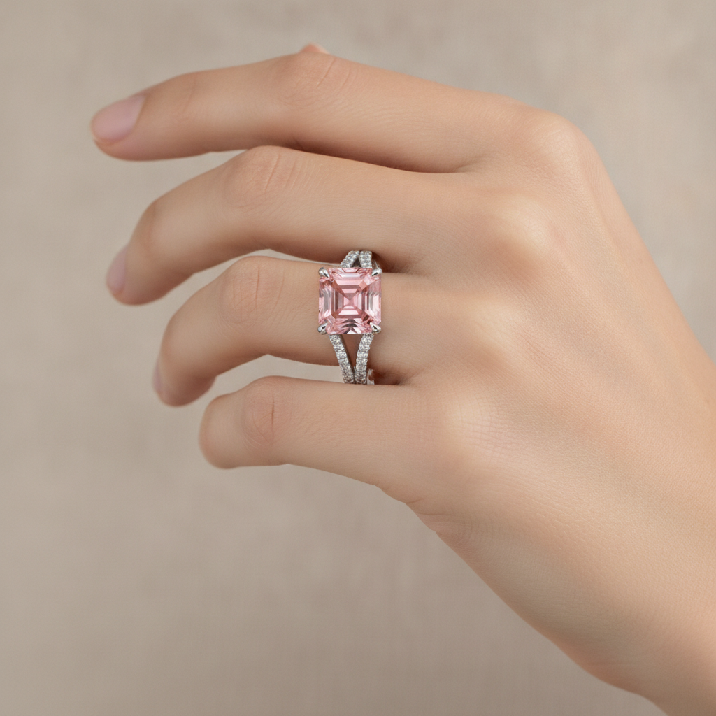 Verlobungsring mit pfirsichfarbenem Padparadscha-Saphir, 3,8 Karat, natürlicher Asscher-Schliff, Pavé, 14 Karat Weißgold