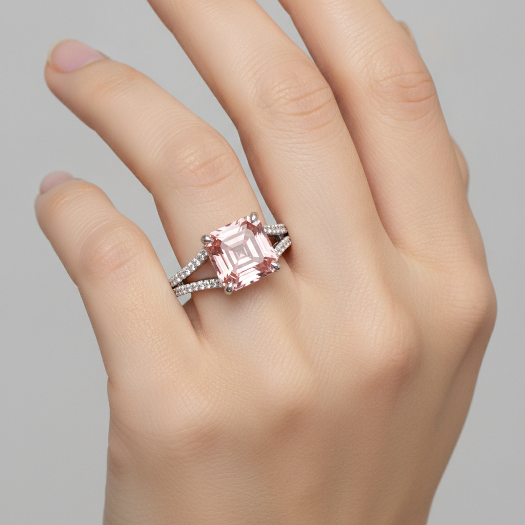 Natürlicher Pfirsich-Padparadscha-Saphir Pavé-Ring im Asscher-Schliff, 3,8 Karat, 14 Karat Weißgold