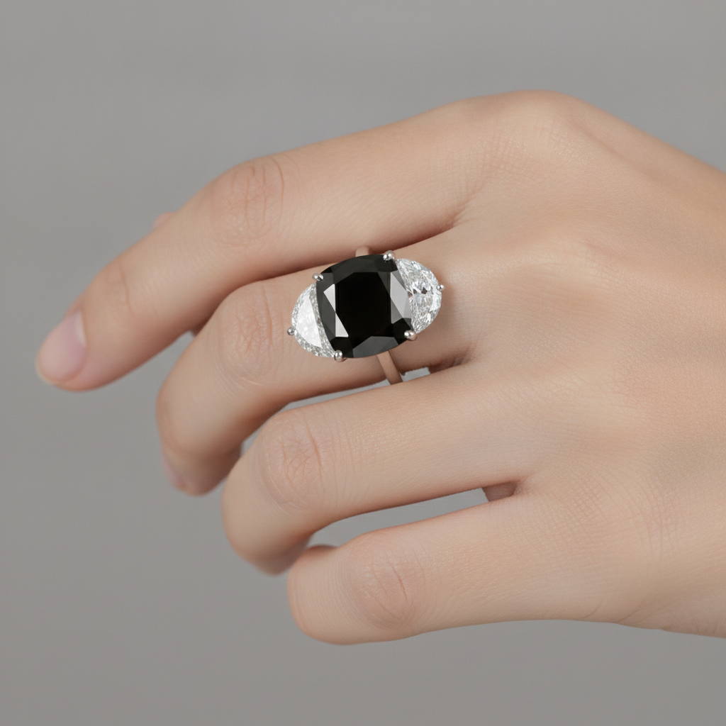 Dreistein-Antragsring mit schwarzem Diamanten, 4,6 Karat, natürlicher Kissenschliff, Halbmond, 14 Karat Weißgold