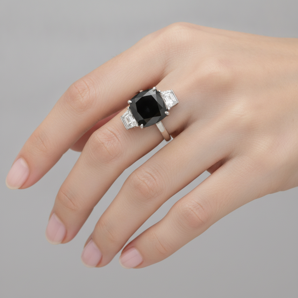 Verlobungsring mit dunklem Diamant 4,6 Karat Echter Kissenschliff Schwarzes Trapez Drei-Stein 14 Karat Weißgold