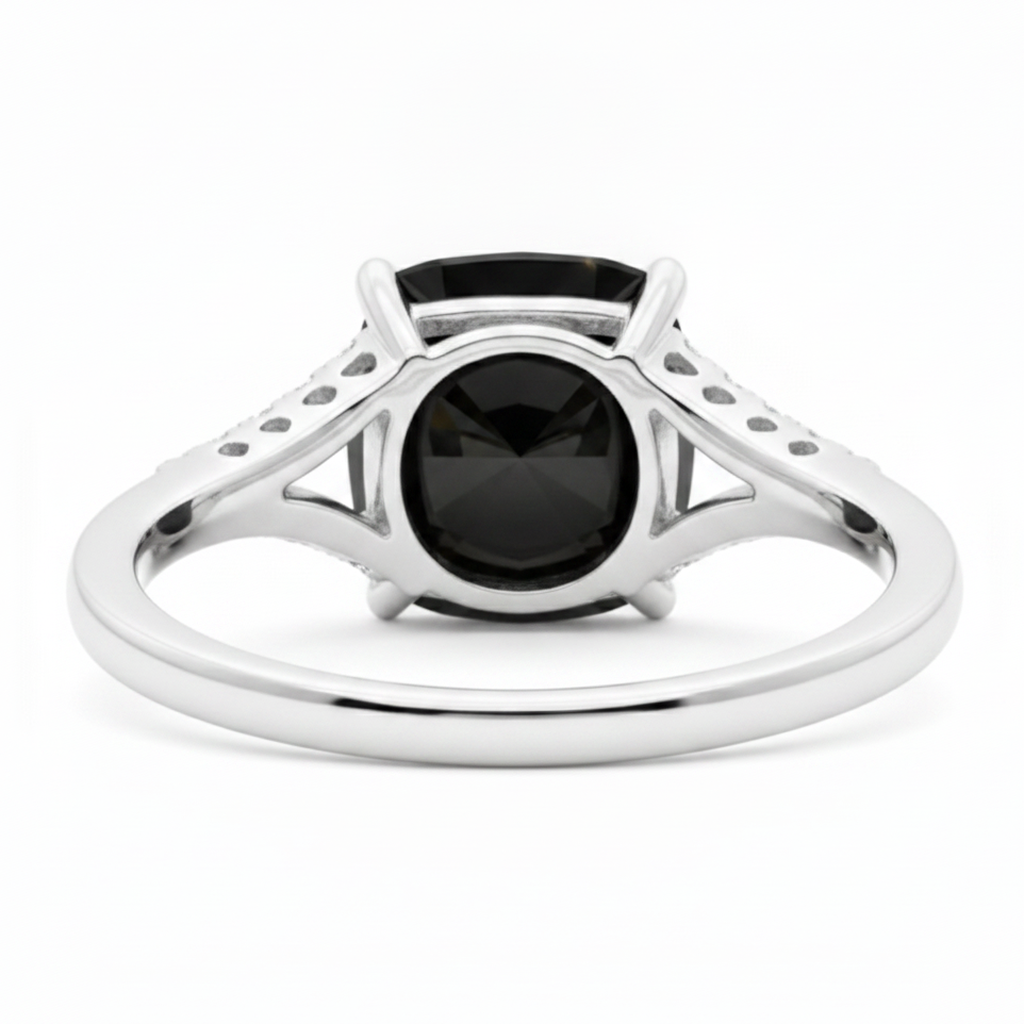 Ring mit echtem schwarzem Diamant 3,2 Karat Kissenschliff Pavé Kathedralfassung 14 Karat Weißgold