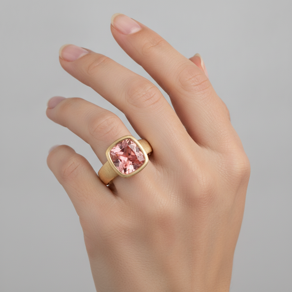 Pfirsich-Padparadscha-Saphir Solitärring mit Lünette, 4 Karat, im Labor gezüchtet, Kissenschliff, 14 Karat Gelbgold