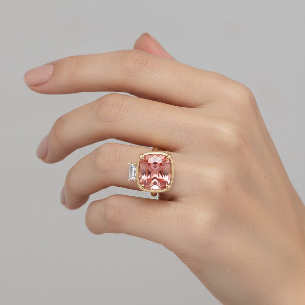 Padparadscha-Saphir- und Diamantring 3,4 Karat, echter Kissenschliff, weisse Baguettes, Dreistein, 14 Karat Gelbgold