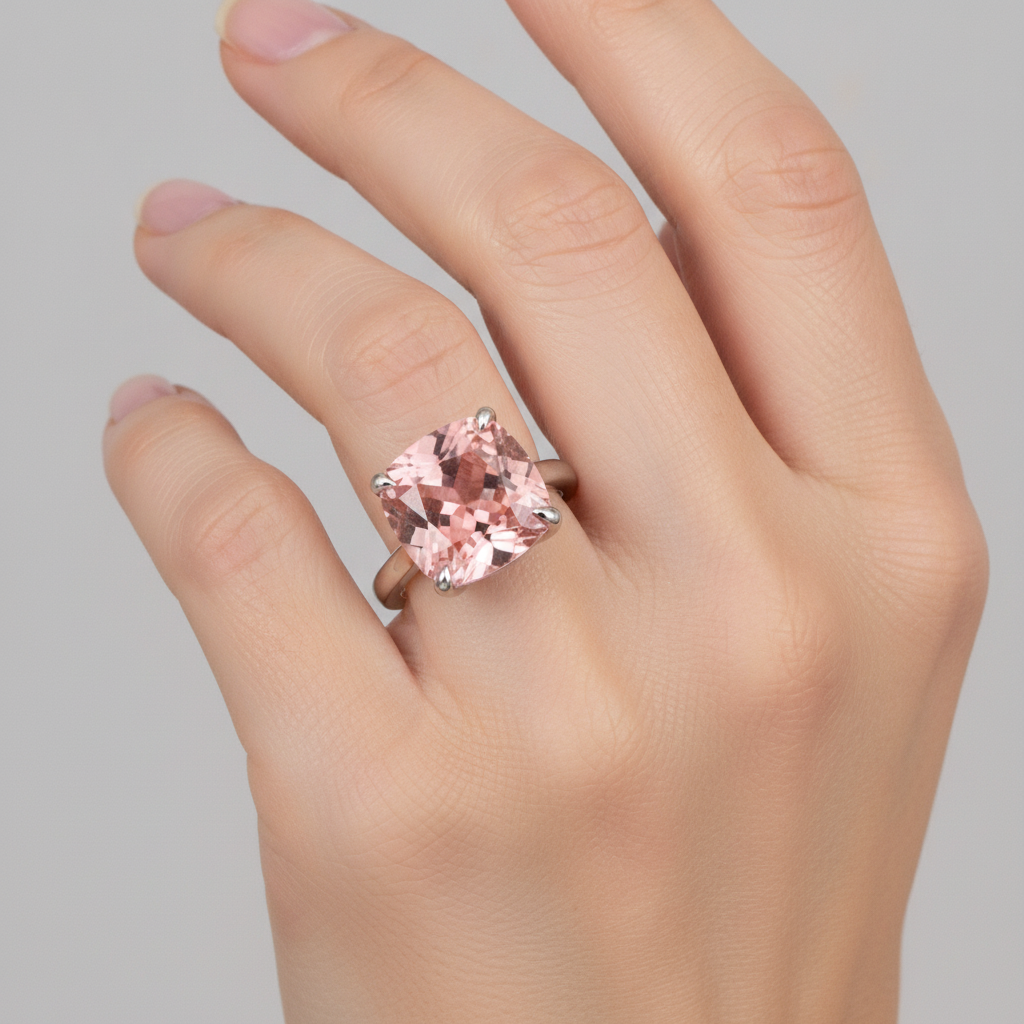 Pfirsich-Saphir Verlobungsring, 3 Karat echter Padparadscha im Kissenschliff, Solitär mit Kathedral-Fassung, 14 Karat Weißgold
