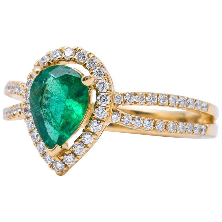 14K Gelbgold 5 Karat Birnenschliff Grün Smaragd Edelstein Diamant Ehering