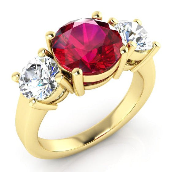 4 Karat Rubin und Runder Diamant 3 Stein Ring Weiß Gold Damenschmuck