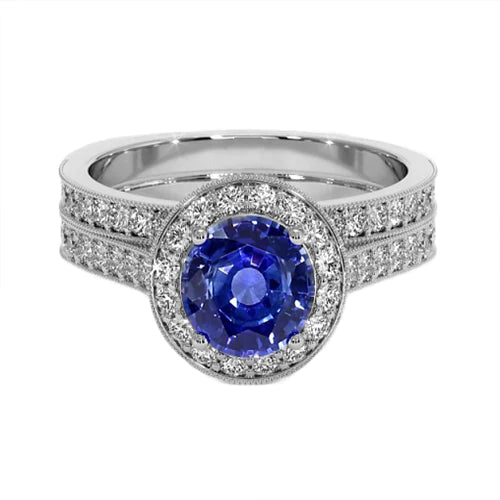 Diamantring im antiken Stil, 6 Karat, rund, blauer Saphir, Weißgold