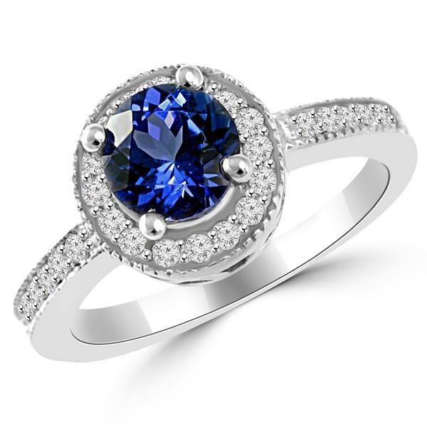 Runder Ceylon Saphir Halo Diamant Ring Weißgold Schmuck 1.5 Kt.